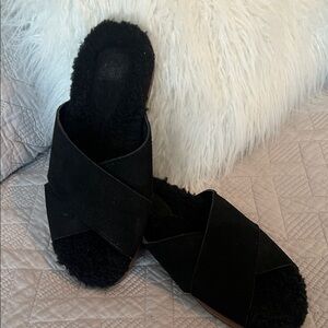 Marc Fisher Black Shearling Cross-Band Mules